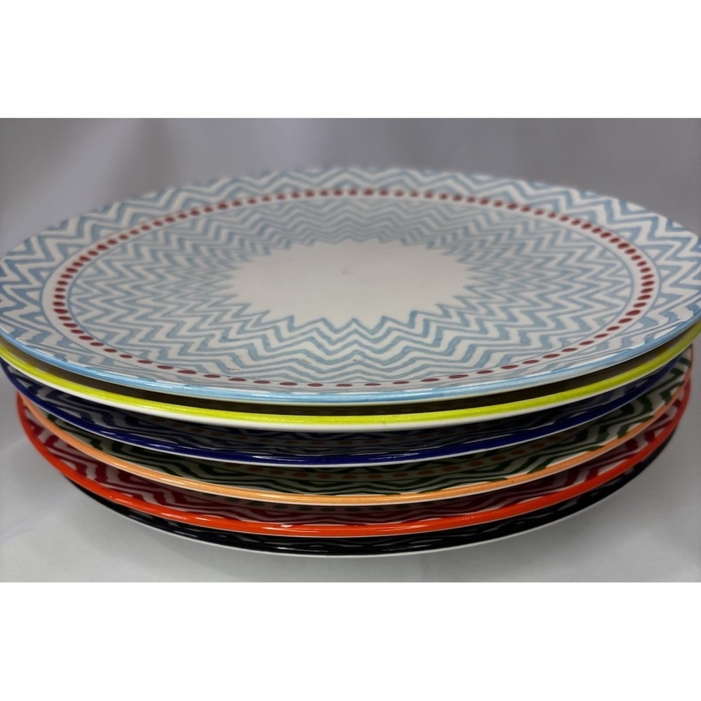 Set Of 6 Handmade Geometric Zig Zag Colorful Dinner Plates  10.25" - Picture 8 of 8